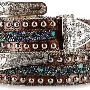 Ladies Leather Belt 1.5 inches Wide Blue Crystals Colorful Stones Western Access